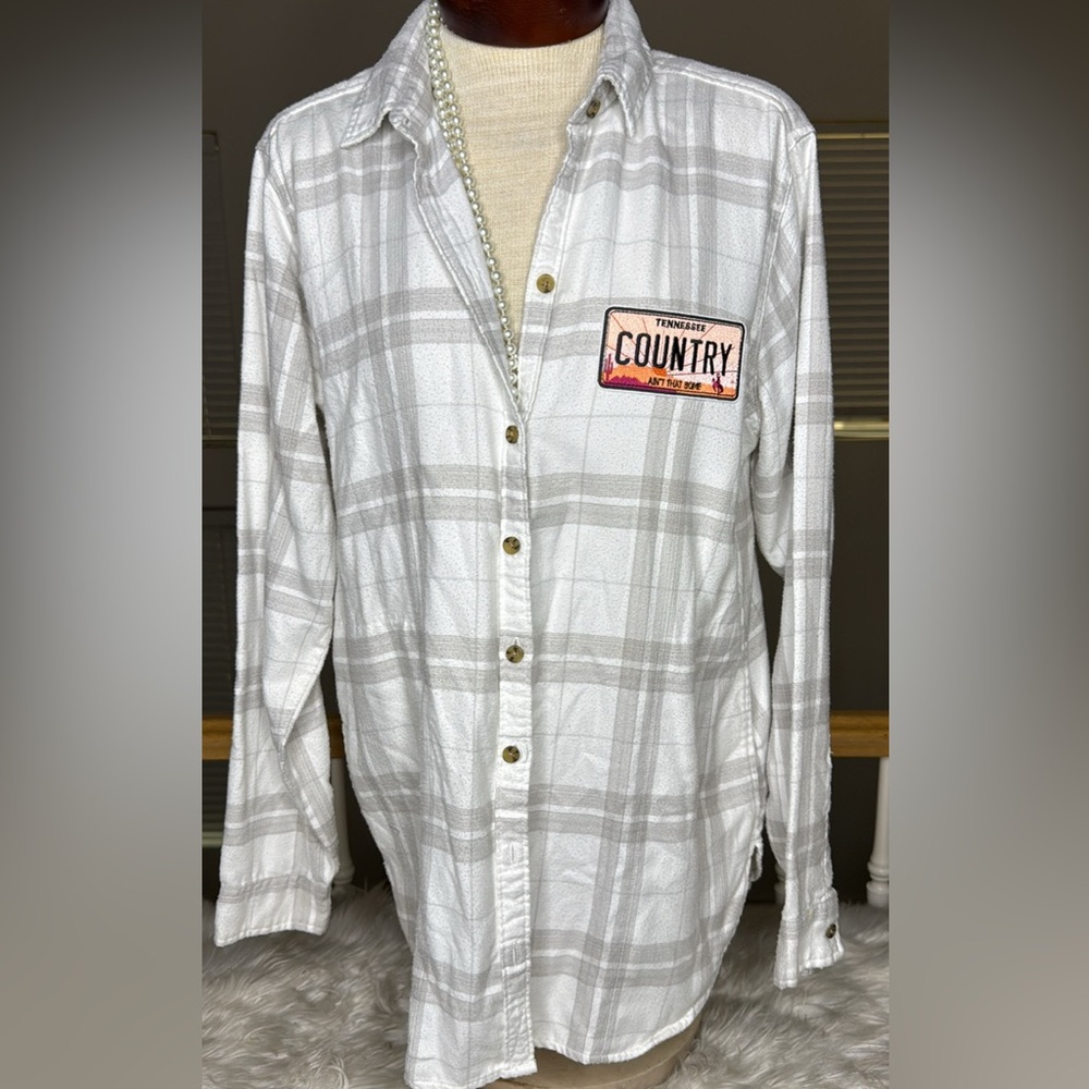 Abercrombie & Fitch Gray Plaid Button Down Boyfriend Shirt Embellished Large